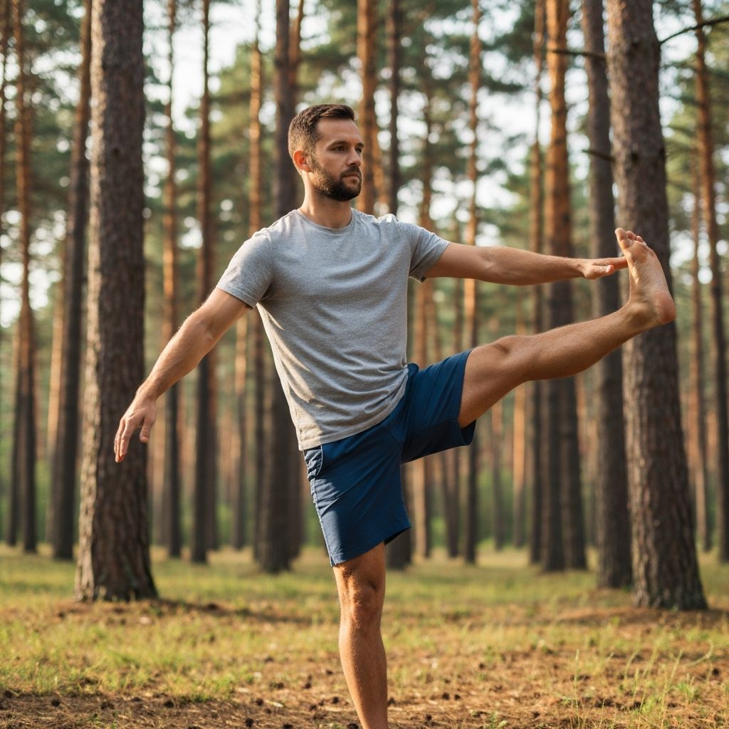 Man doing gentle outdoor stretching exercises